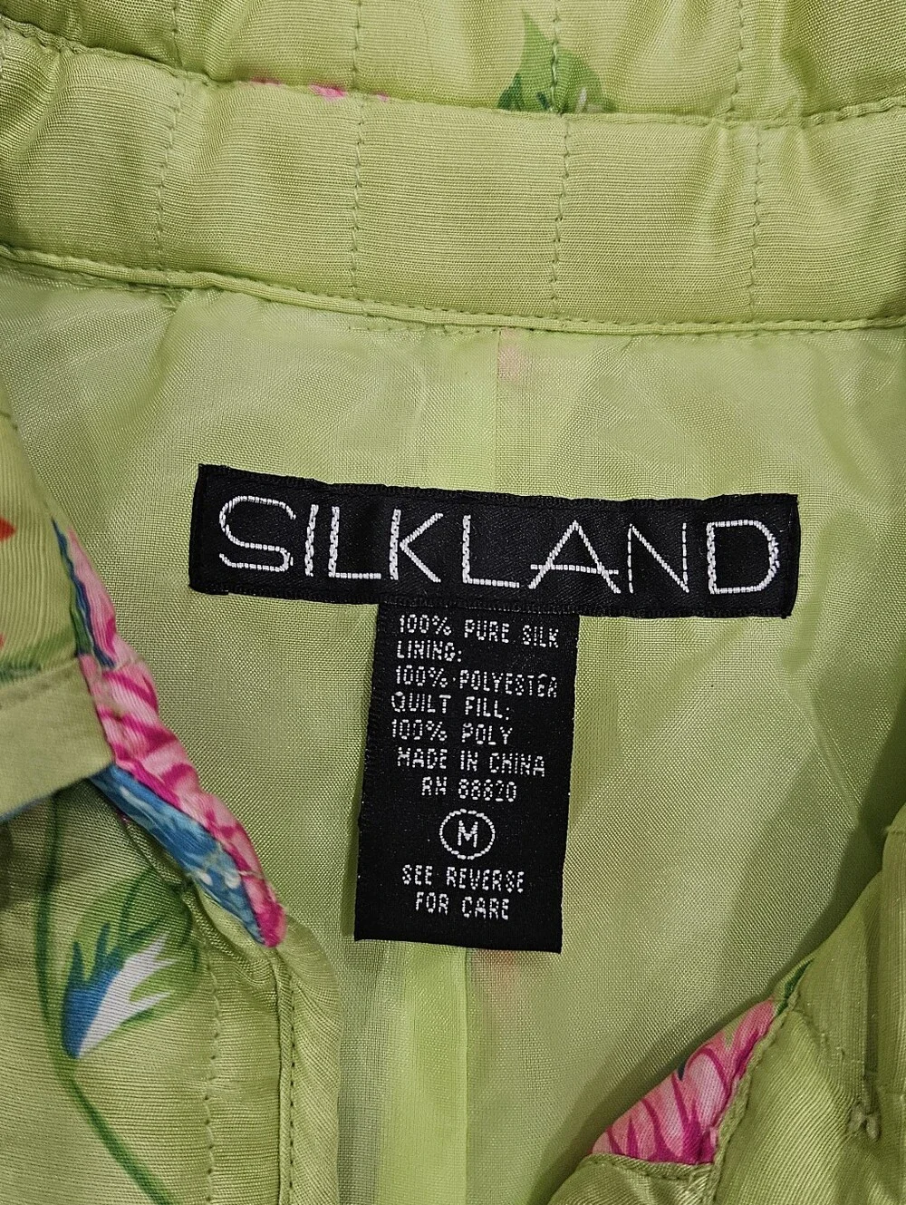 VTG Silkland 100% Silk Lime Green Floral Quilted Jacket Blazer Sz M Blue Pink